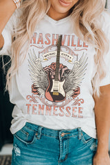 White Dreamy Music City Guitar Graphic Print Tee