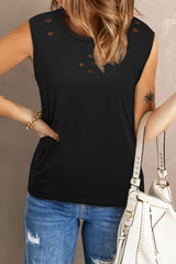 Black Broken Hole Detail Sleeveless Crew Neck Black Tank Top