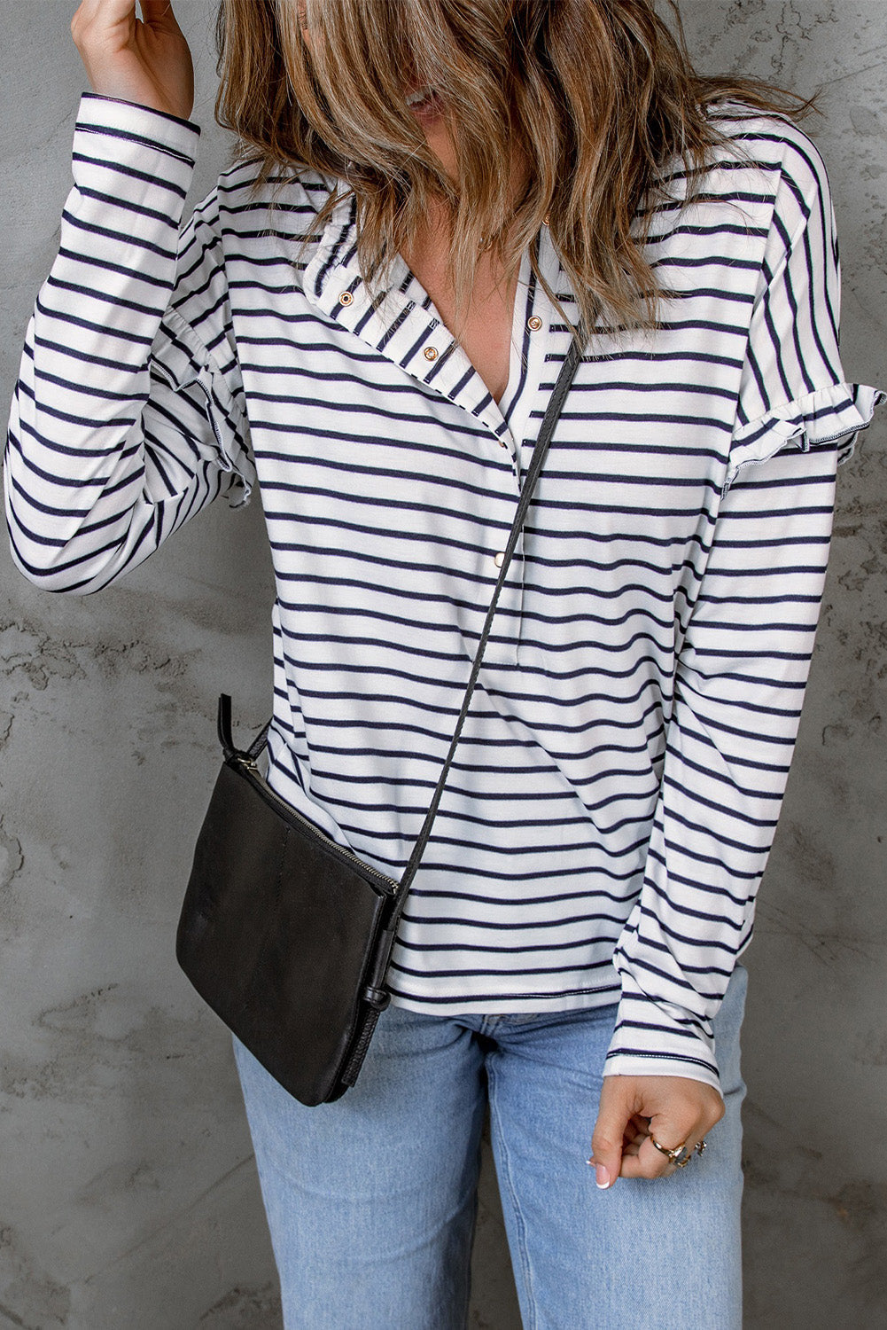 Black Striped Print Ruffled Buttoned Long Sleeve Top