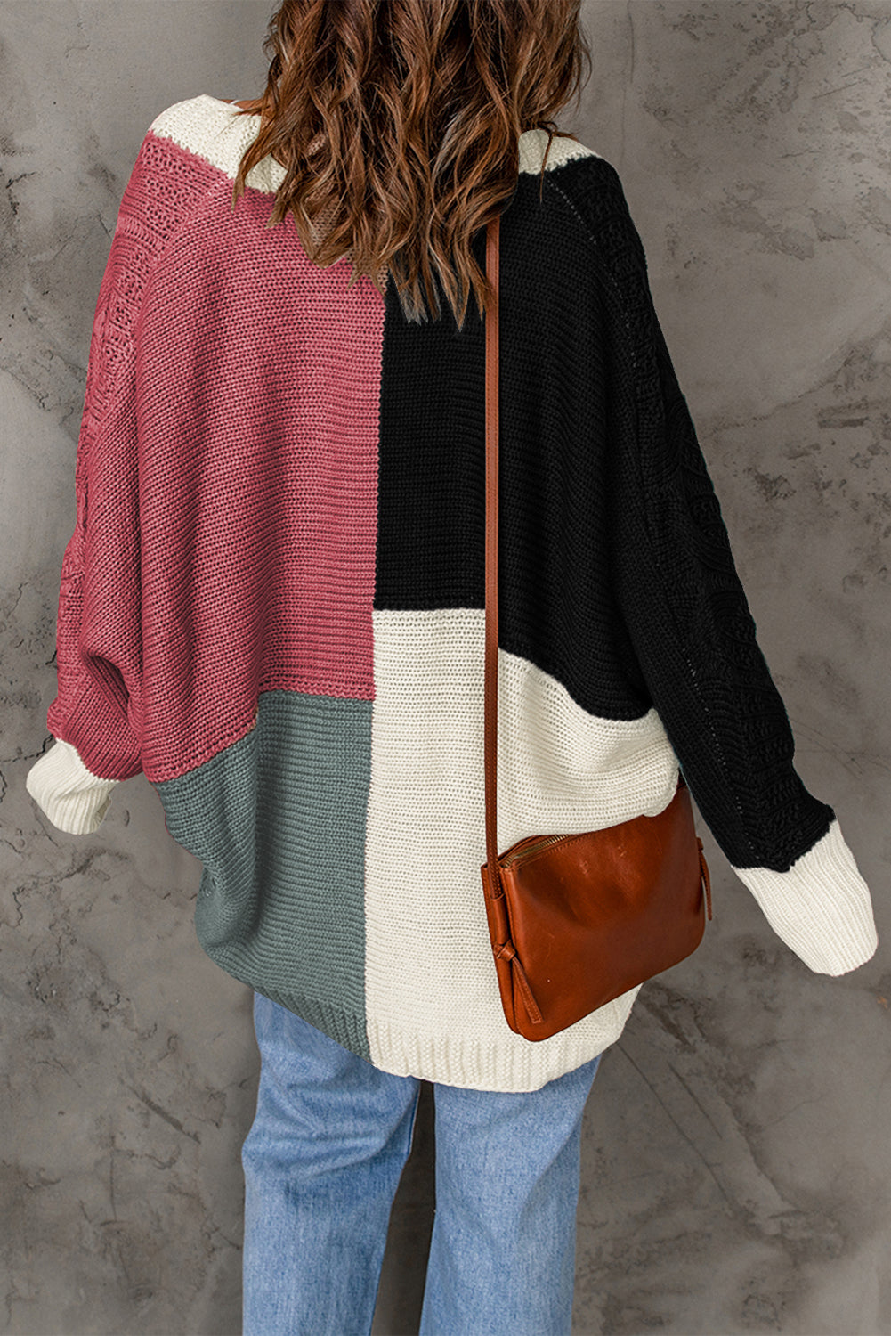 Brown Color Block Loose Open Front Knitted Cardigan