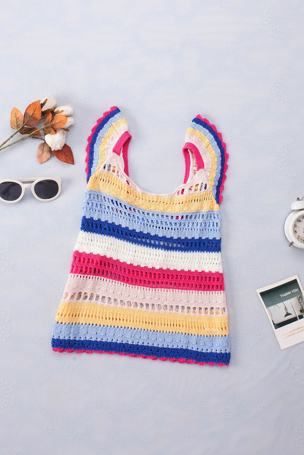 Multicolor Stripe Square Neck Crochet Knit Crop Tank Top