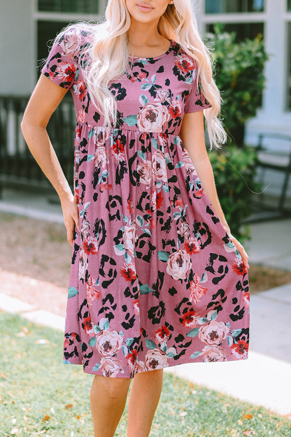 Red Leopard Print Short Sleeve A-line Dress