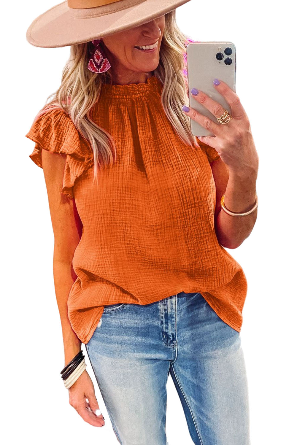 Rose Flutter Sleeve Frilled Neck Textured Blouse
