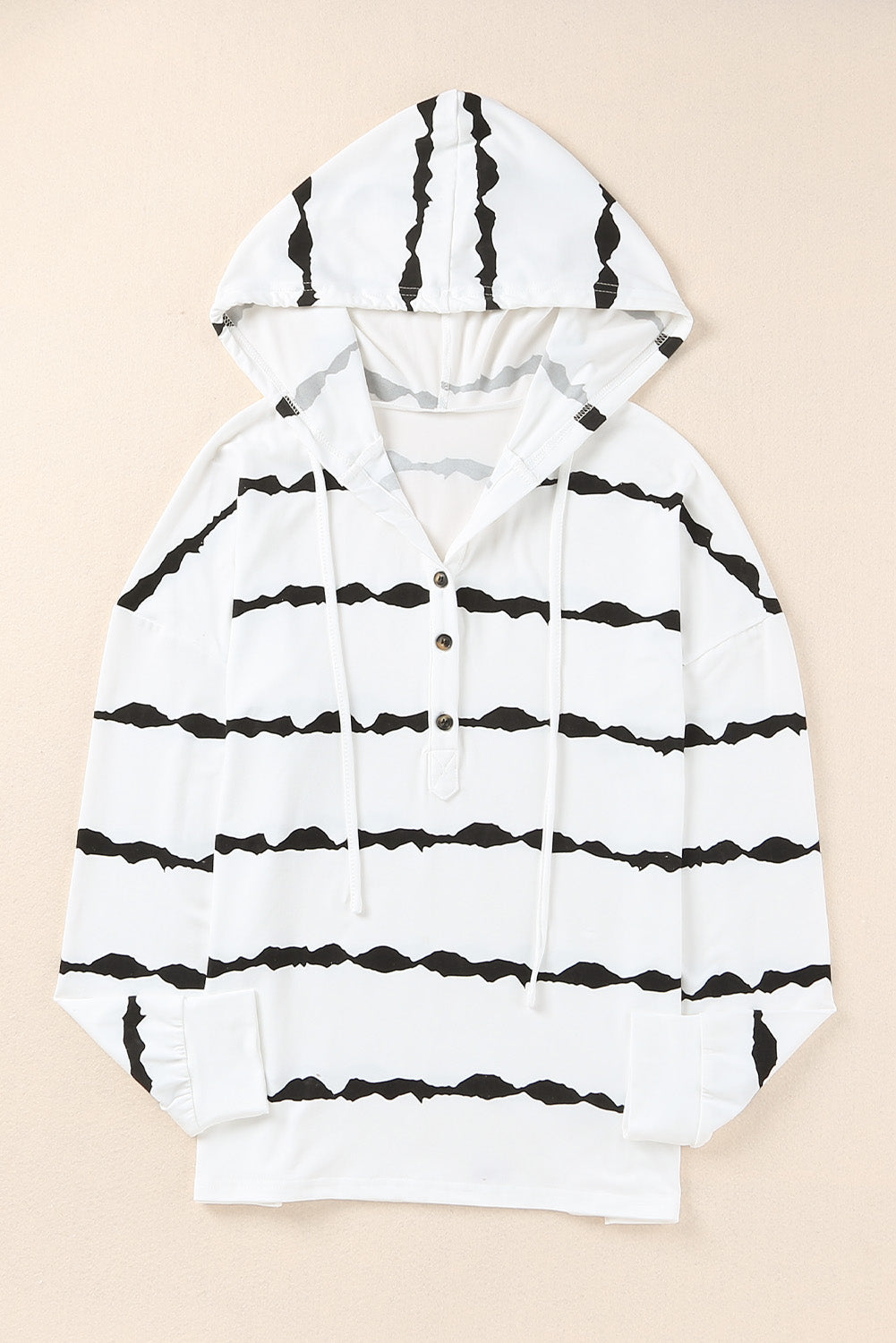 White Striped Drawstring Button Long Sleeve Hoodie