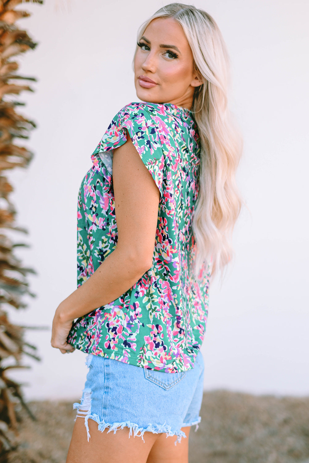 Sky Blue Floral Print Ruffled Short Sleeve Babydoll Top