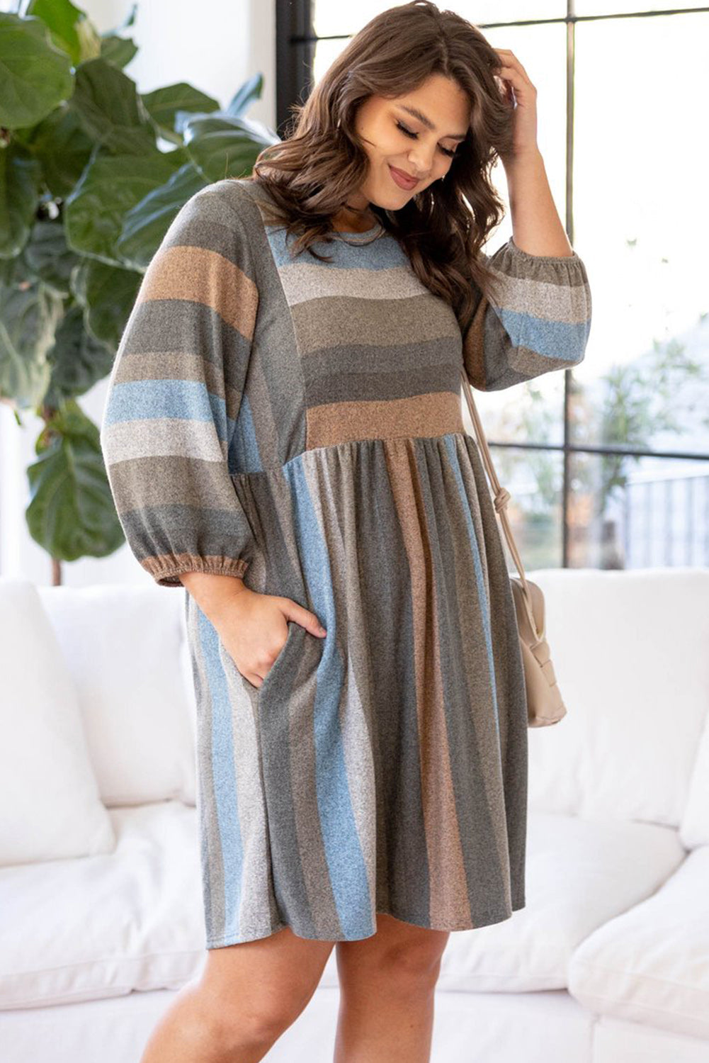 Stripe Plus Size 3/4 Sleeves Striped Print Empire Waist Dress