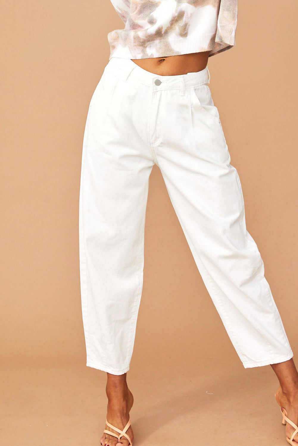 White Solid High Waist Casual Pants