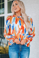 Multicolor Multicolor Printed Ruffle Trim Long Sleeve Top