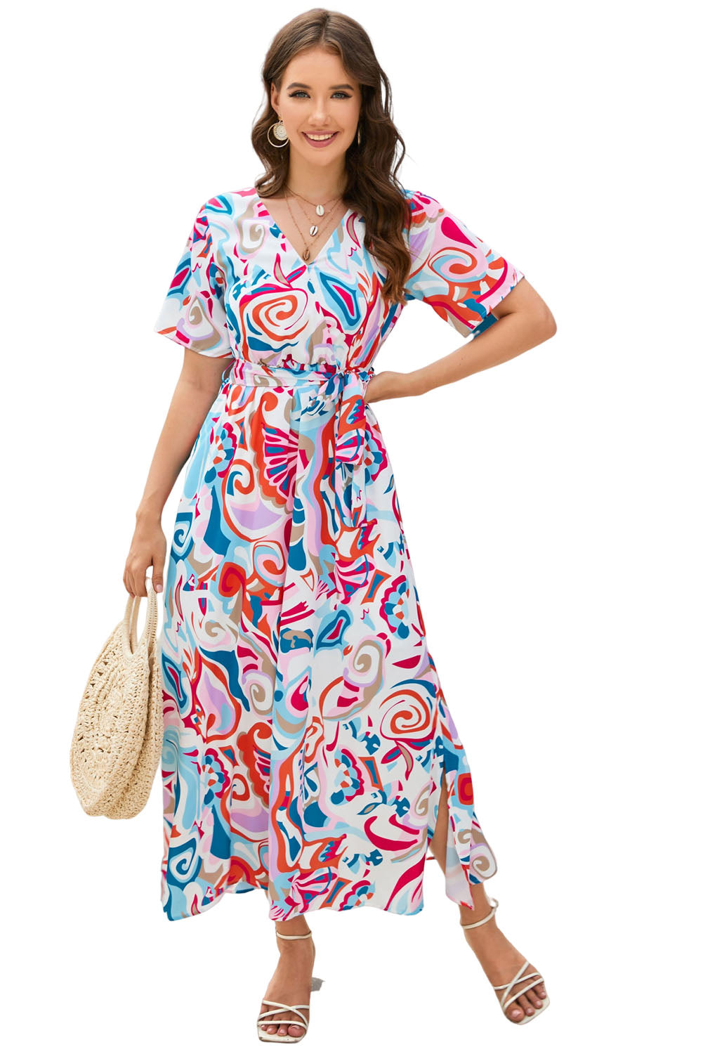 Multicolor Abstract Printed Wrap V Neck Belted Maxi Dress