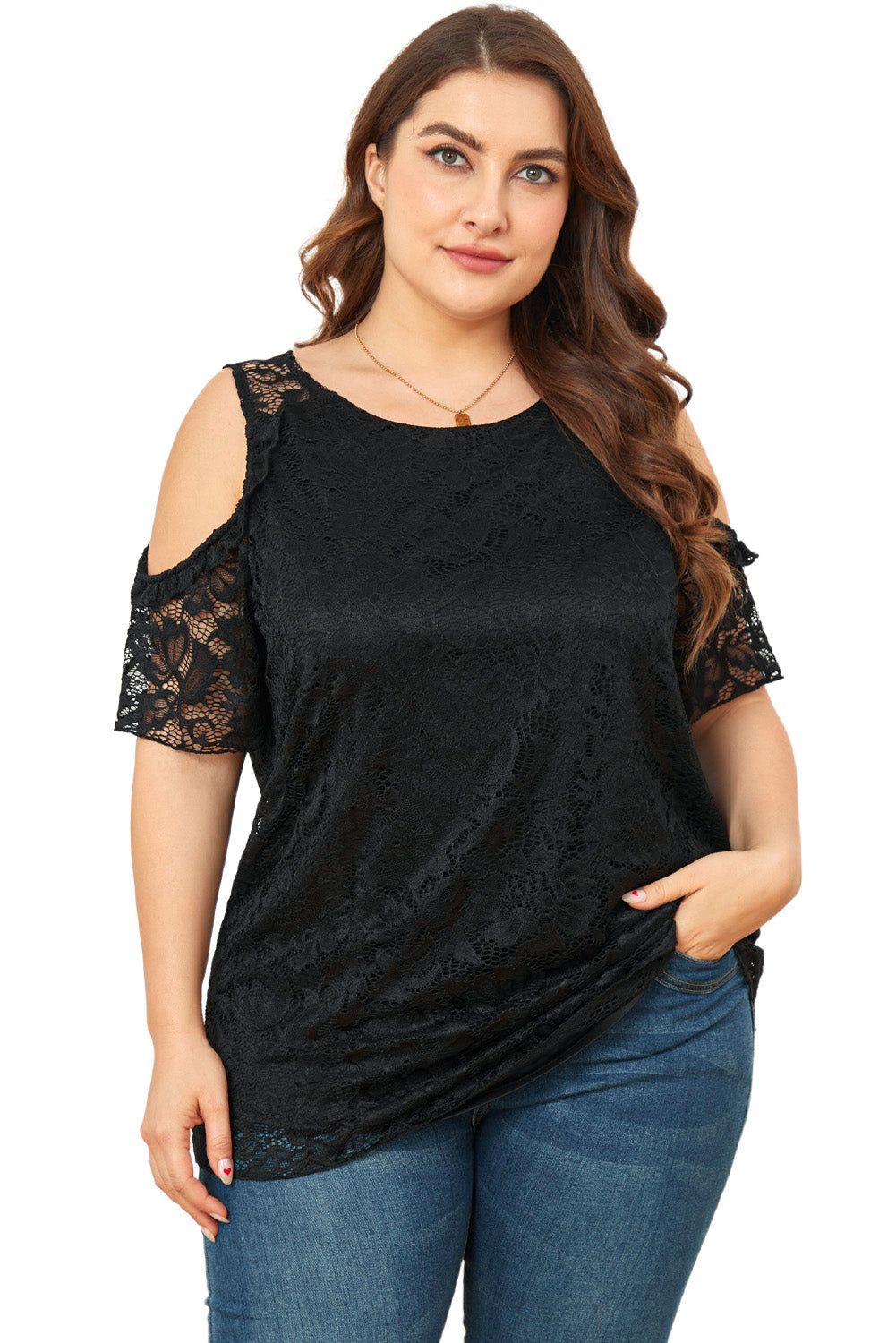 Black Floral Lace Cold Shoulder Plus Size Top