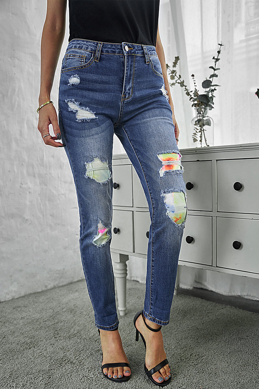 Tie Dye Patch Destroyed Skinny Jeans