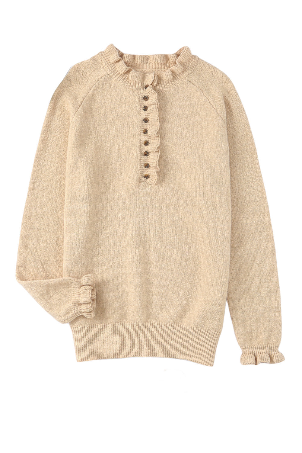 Beige Frill Trim Buttoned Knit Pullover Sweater