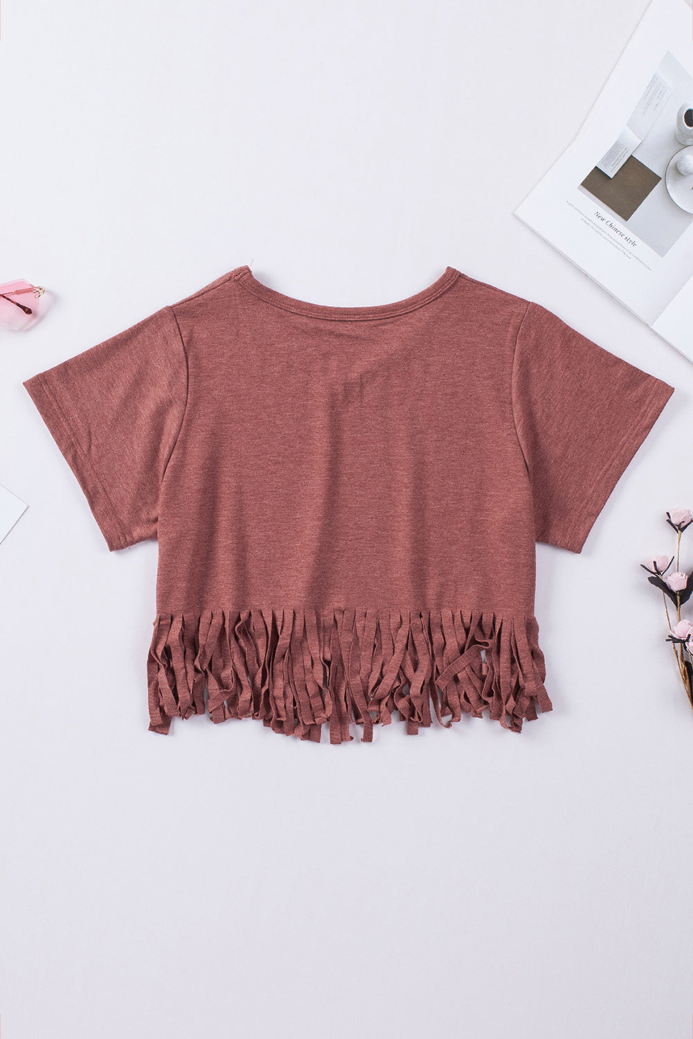 Black Fringe Hem V Neck T Shirt