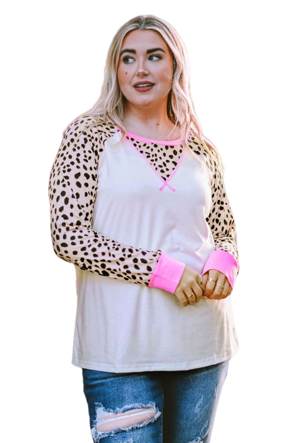 White Leopard Patchwork Long Sleeve Plus Size Top