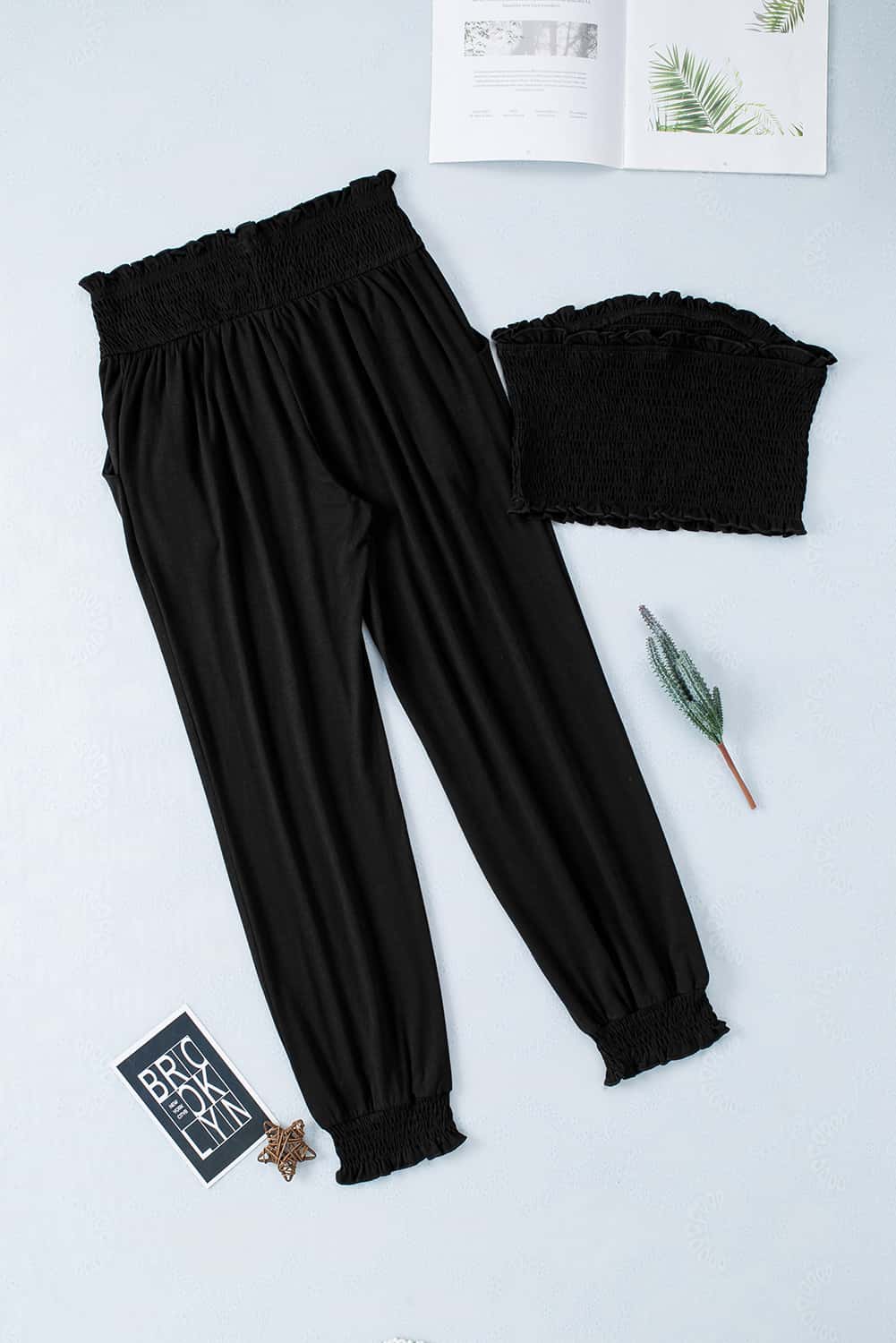 Black Smocked Tube Top and High Waist Pants Set