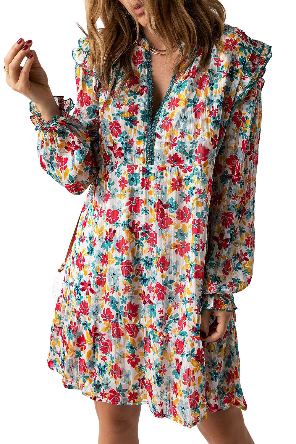 Green Ruffled Lace V Neck Floral Dress