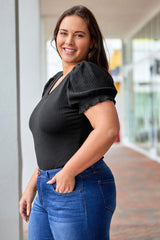 Black Plus Size Ribbed Knit Puff Sleeve Bodysuit