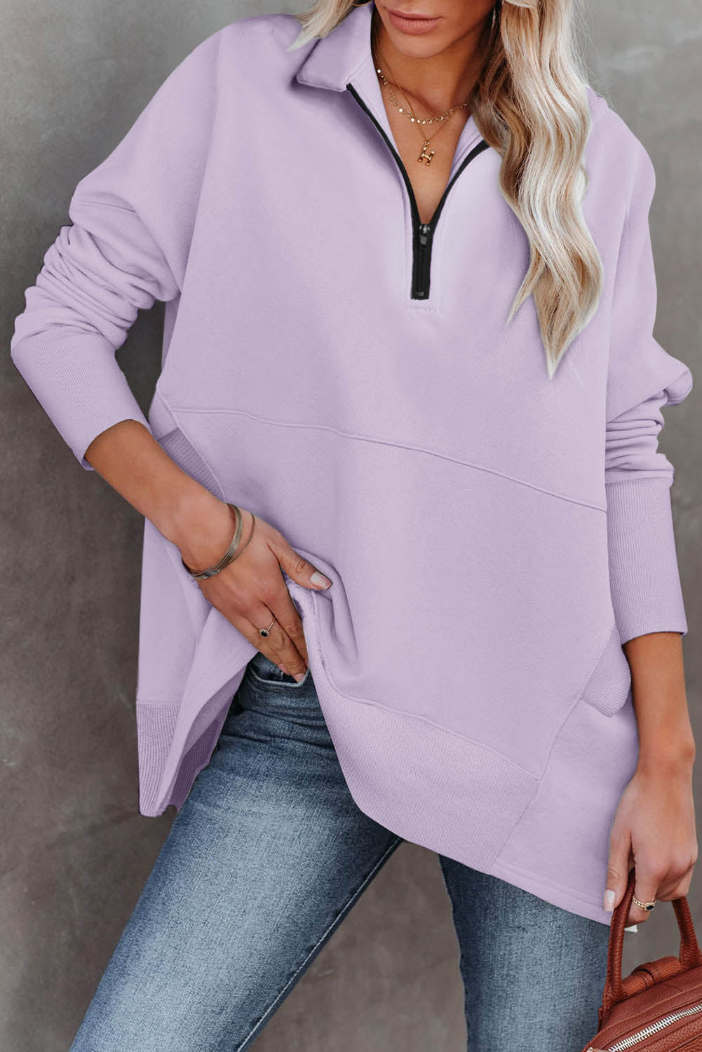 White Oversized Quarter-Zip Pullover Sweatshirt