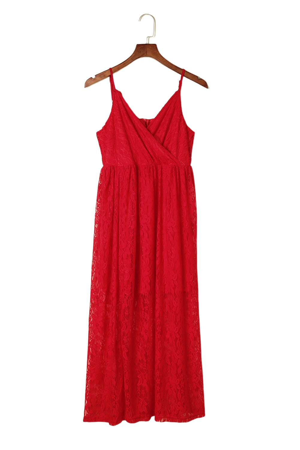 Red Lace V Neck Wrap Spaghetti Straps Maxi Dress