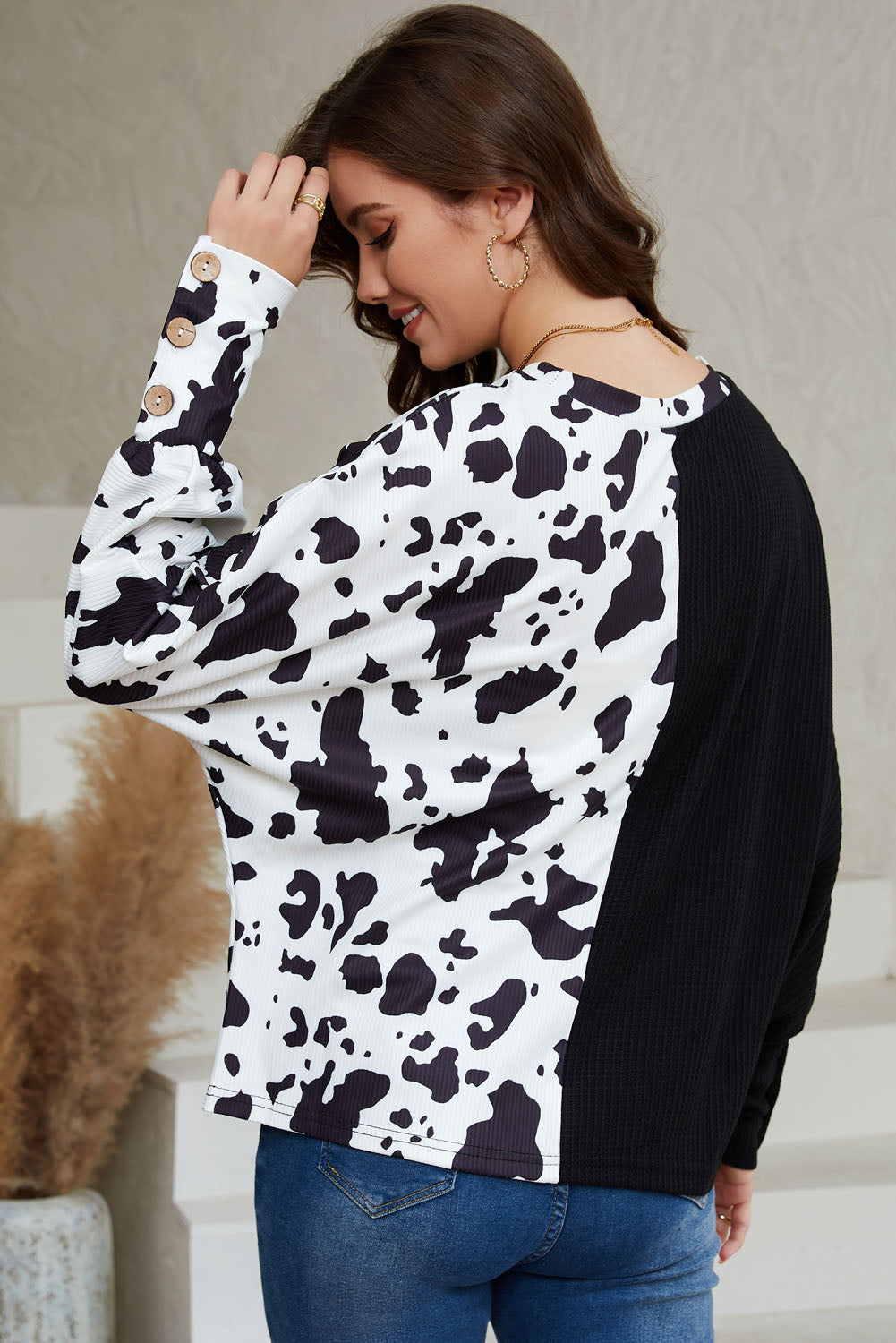 Black Cow Patchwork Waffle Knit Long Sleeve Top