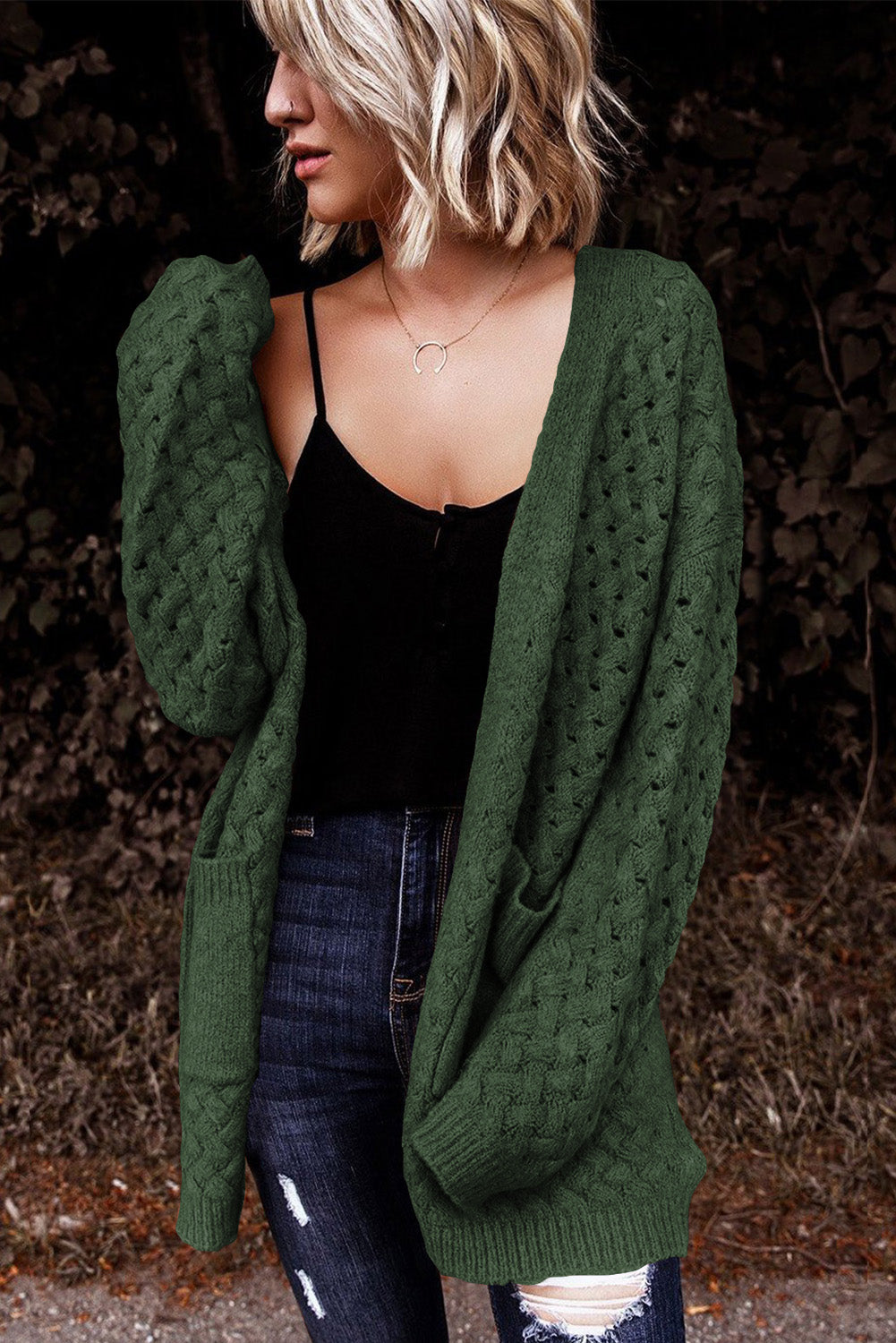 Gray Open Front Woven Texture Knitted Cardigan with Pockets