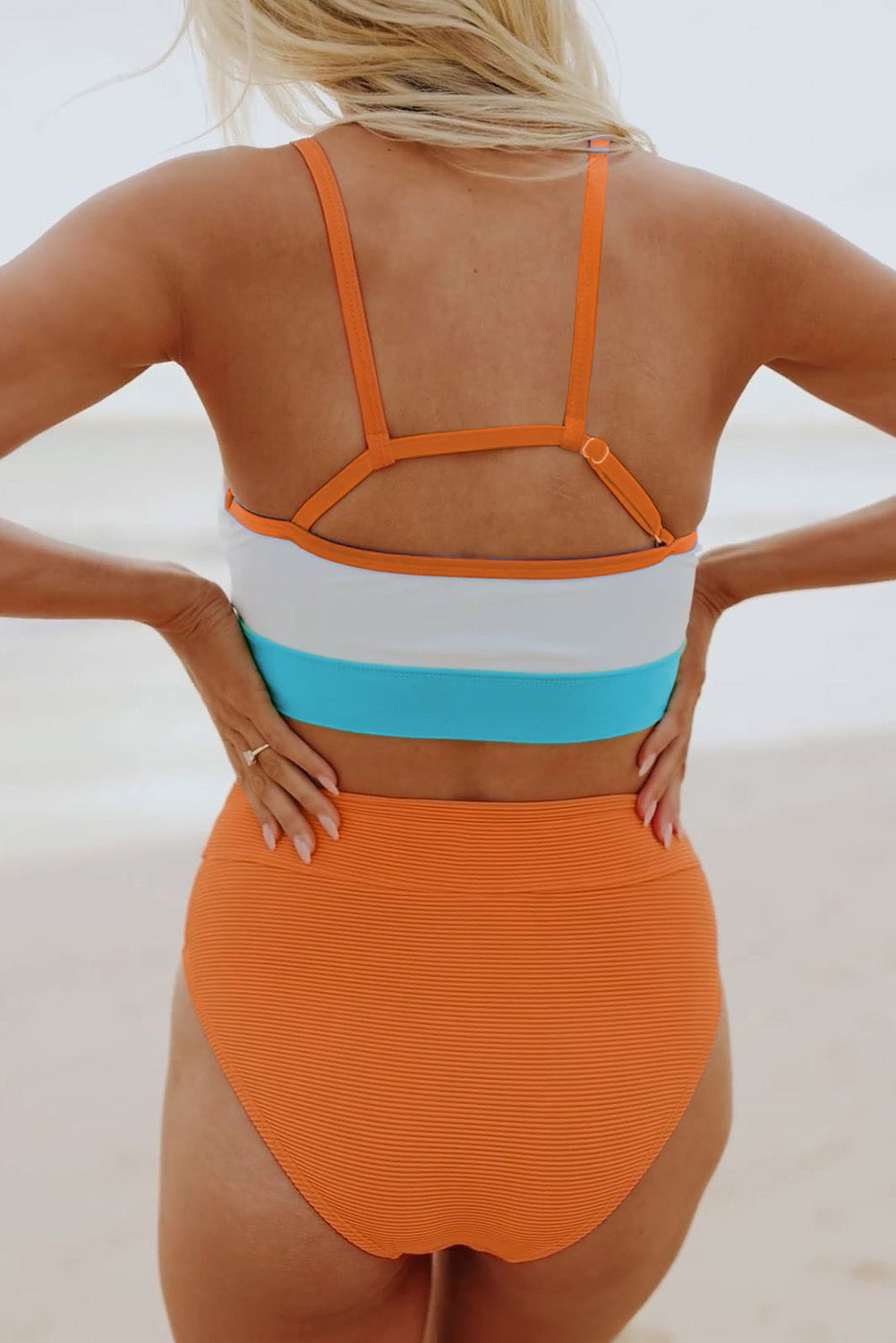 Orange Color Block Spaghetti Strap High Waist Bikini Swimsuit