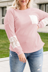 Pink Lace Patchwork Waffle Knit Plus Size Blouse