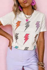 White Printed Lightning Round Neck Short Sleeve Top