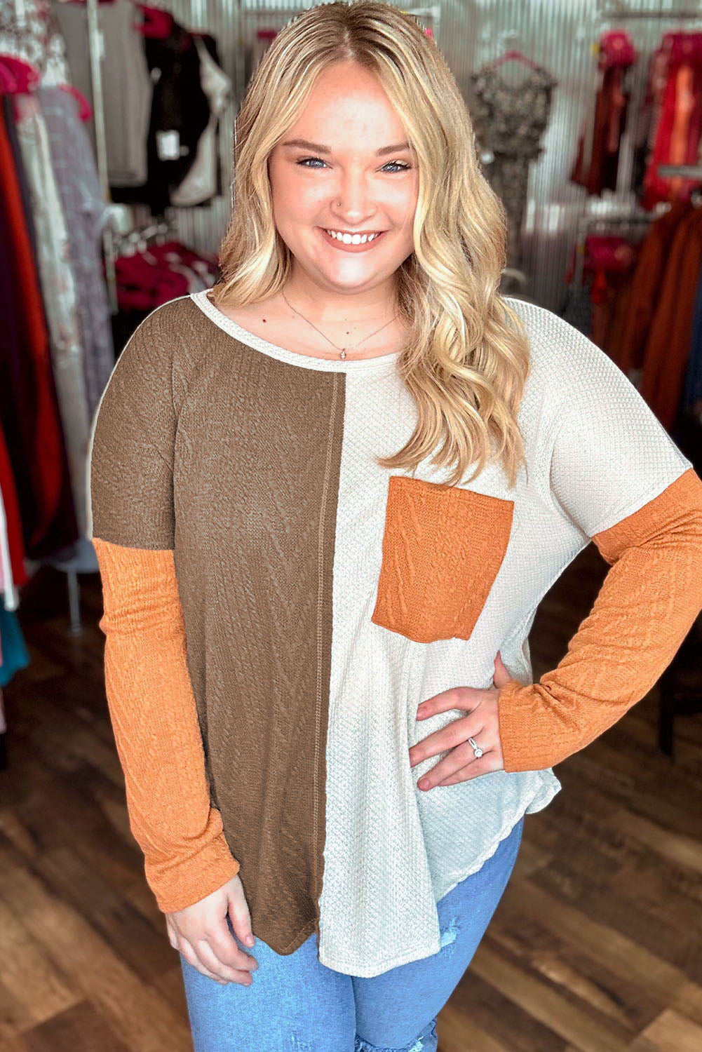 Chestnut Plus Size Color Block Textured Patchwork Top with Pocket