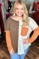 Chestnut Plus Size Color Block Textured Patchwork Top with Pocket