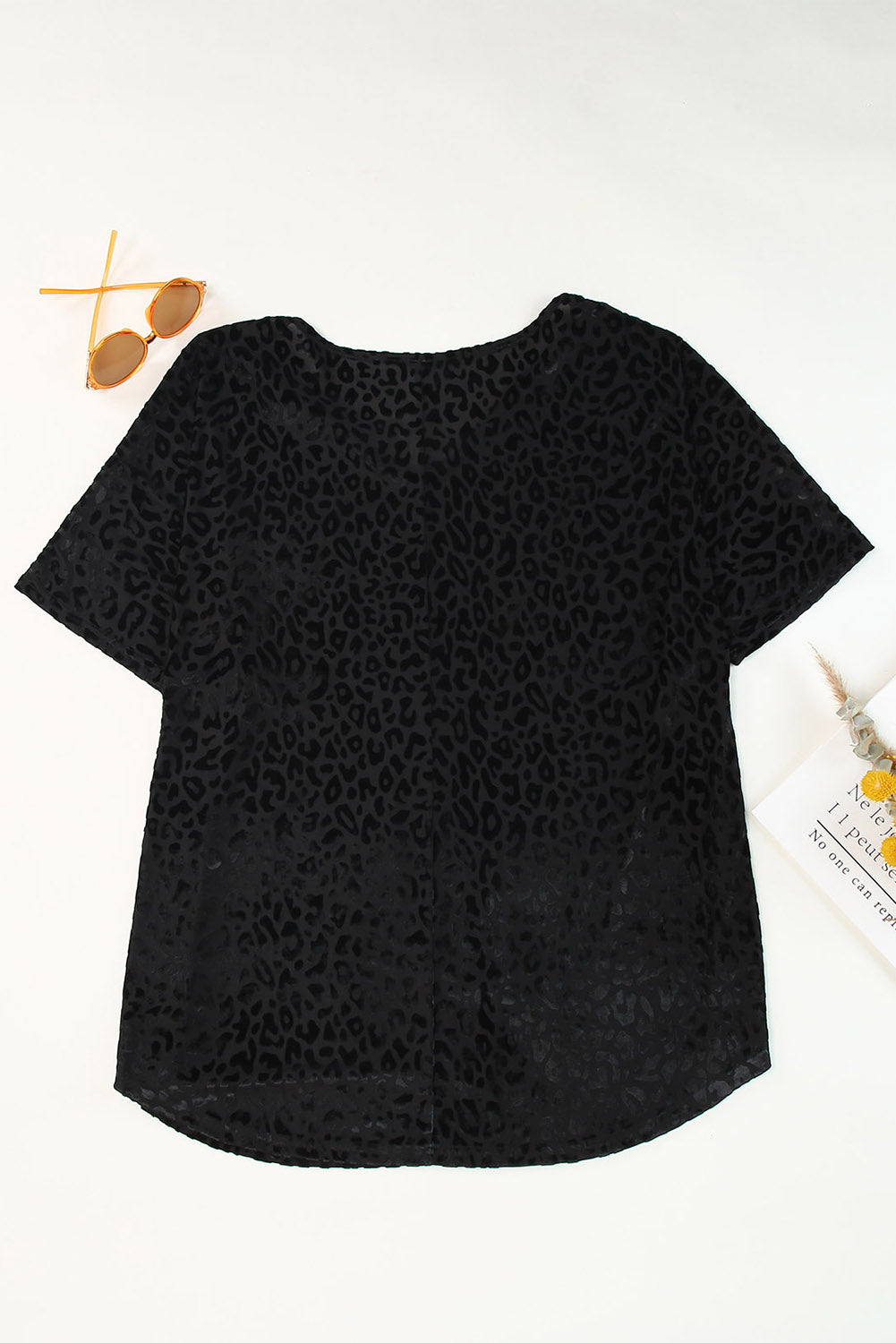 Black Plus Size Leopard Emboss V Neck Top