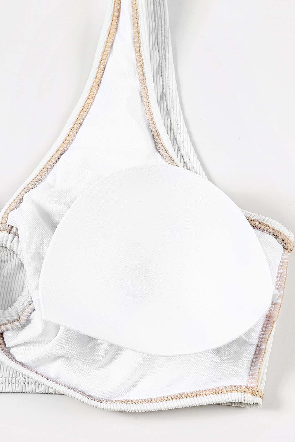 White Asymmetric Color Block Ribbed One Shoulder Bikini Swimsuit