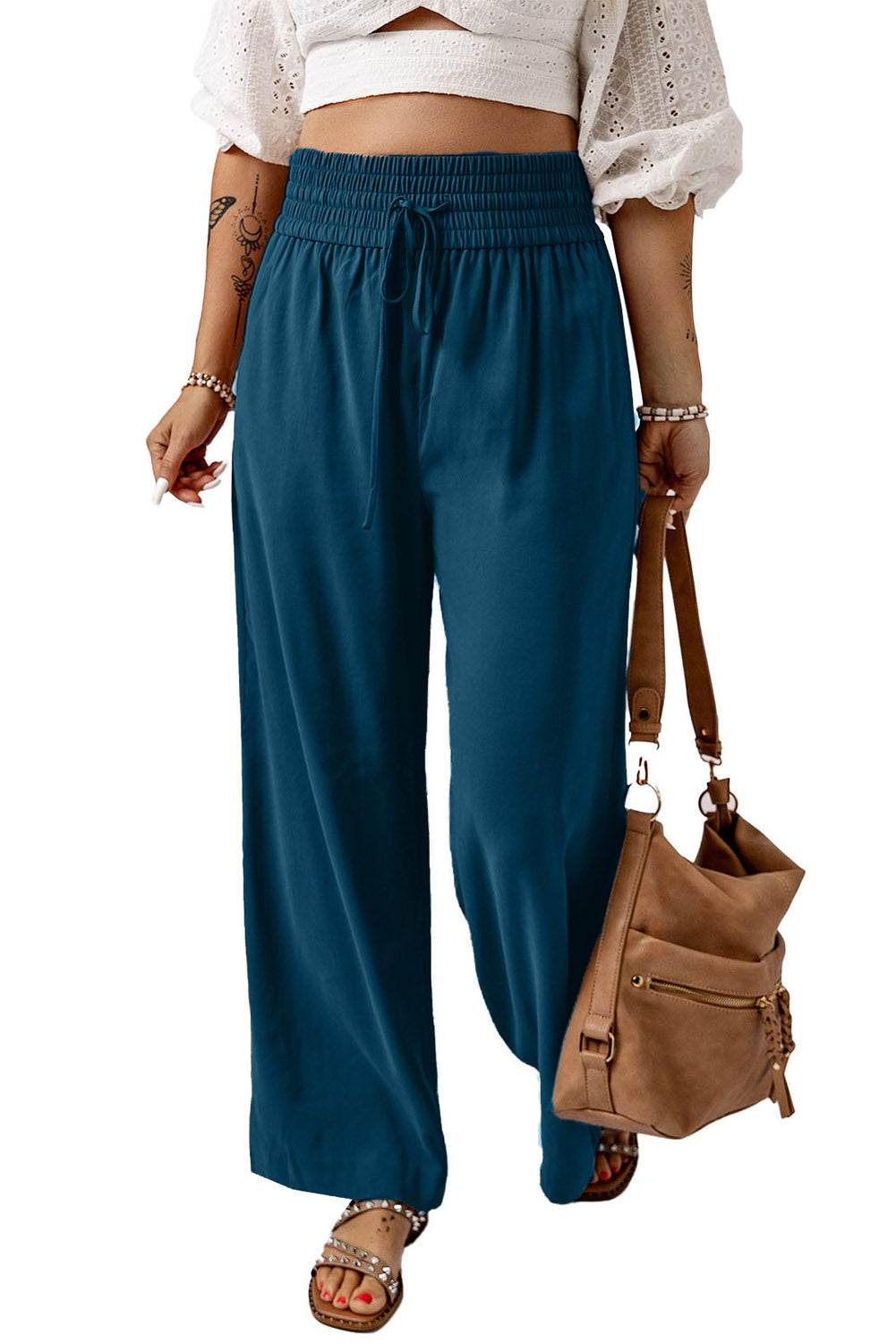 Brown Drawstring Elastic Waist Casual Wide Leg Pants