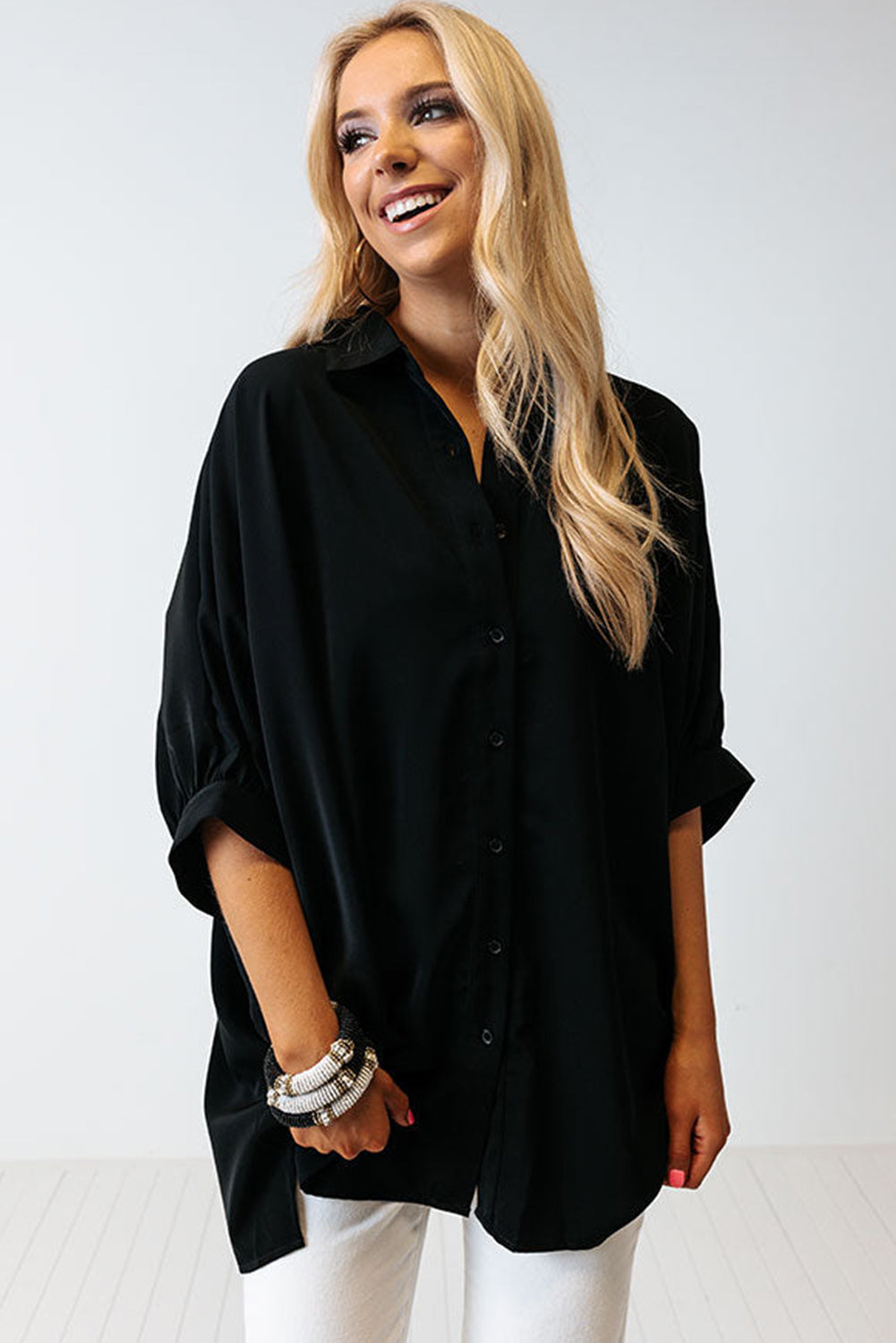 Green 3/4 Puff Sleeve Oversize Shirt