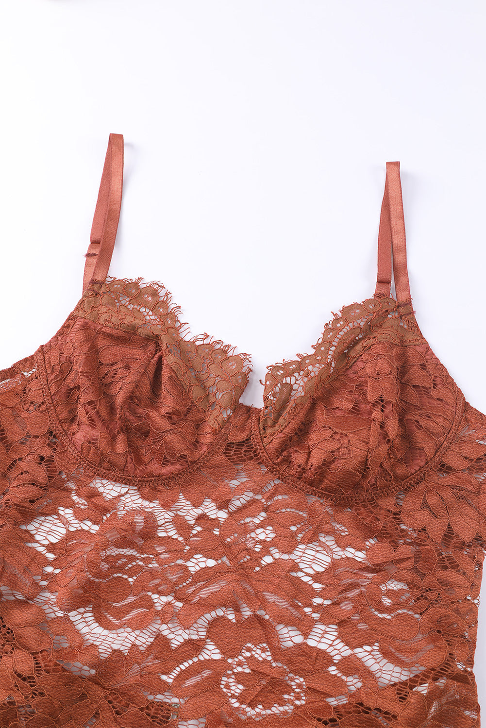 Brown Floral Lace Spaghetti Straps Cut out Back Bodysuit