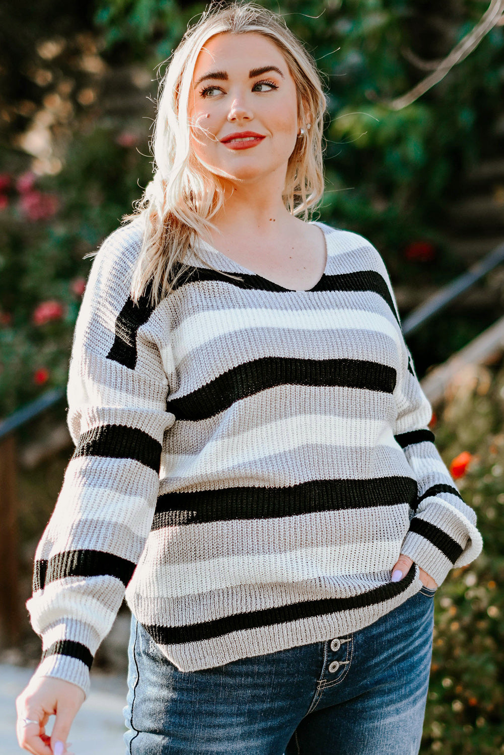 Striped Color Block Cut Out Back Plus Size Sweater