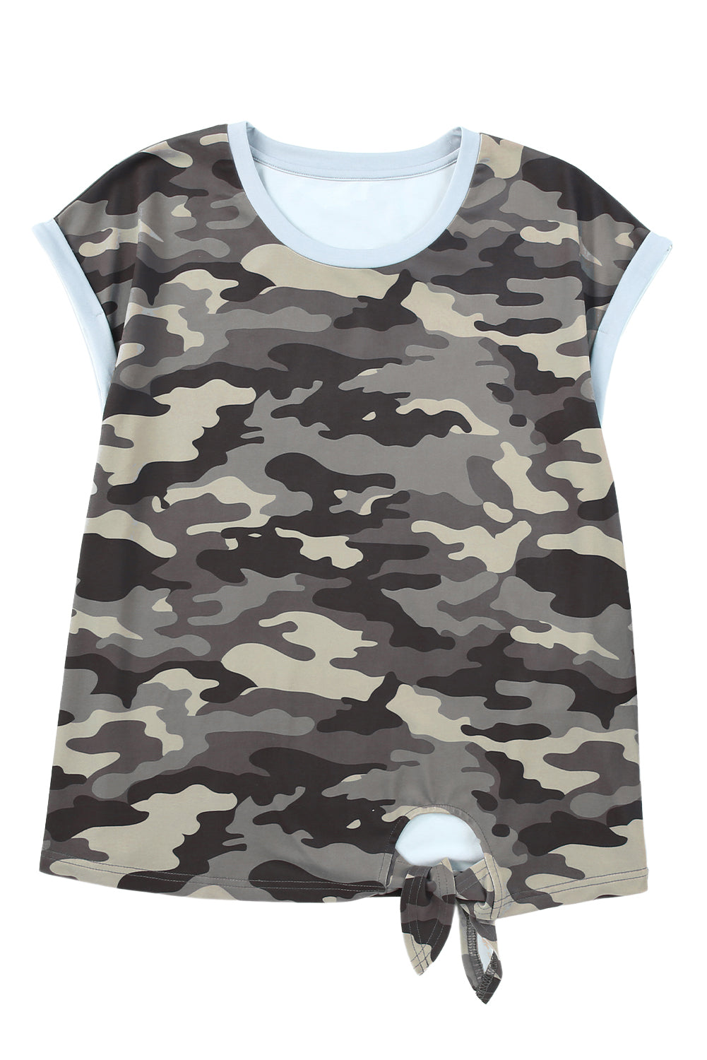 Gray Camo Print Knotted Hem T-shirt