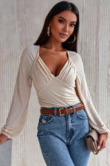 Beige Ruched Deep V Neck Long Sleeve Bodysuit