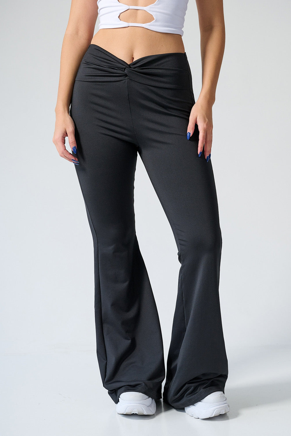 Black Twist Ruched Waist Flared Pants