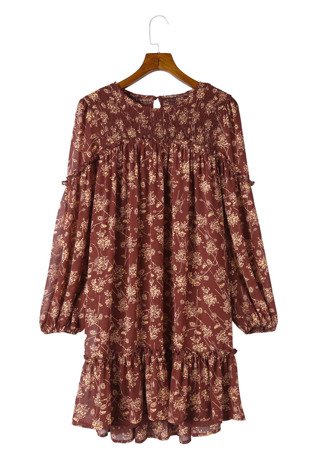 Red Ruffled Puff Sleeve High Low Floral Babydoll Dress