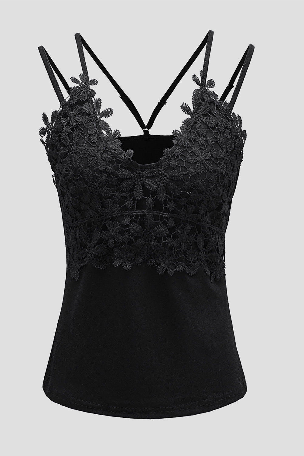 Black Lace Overlay Strappy Hollow-out Tank Top