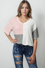 Multicolor Waffle Colorblock Long Sleeve Oversized Top