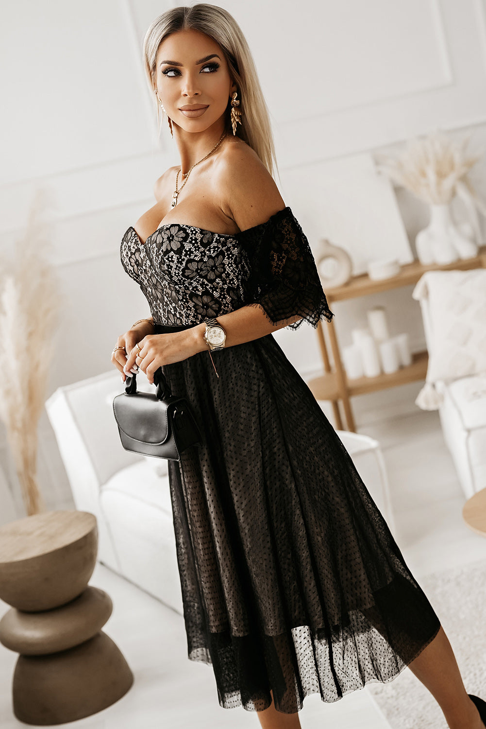 Black Dotted Lace Mesh Off Shoulder Dress