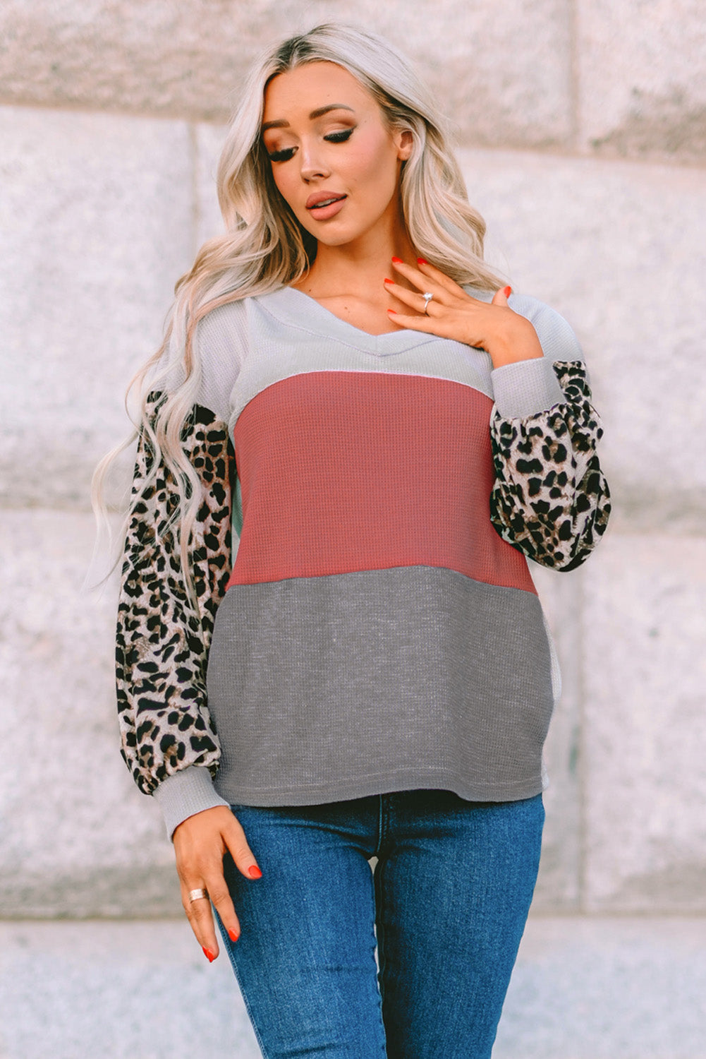 Red Wild Leopard Contrast Sleeve Colorblock Waffle Knit Top