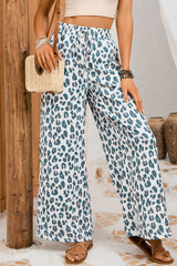 White Leopard Print Pocketed Wide Leg Pants