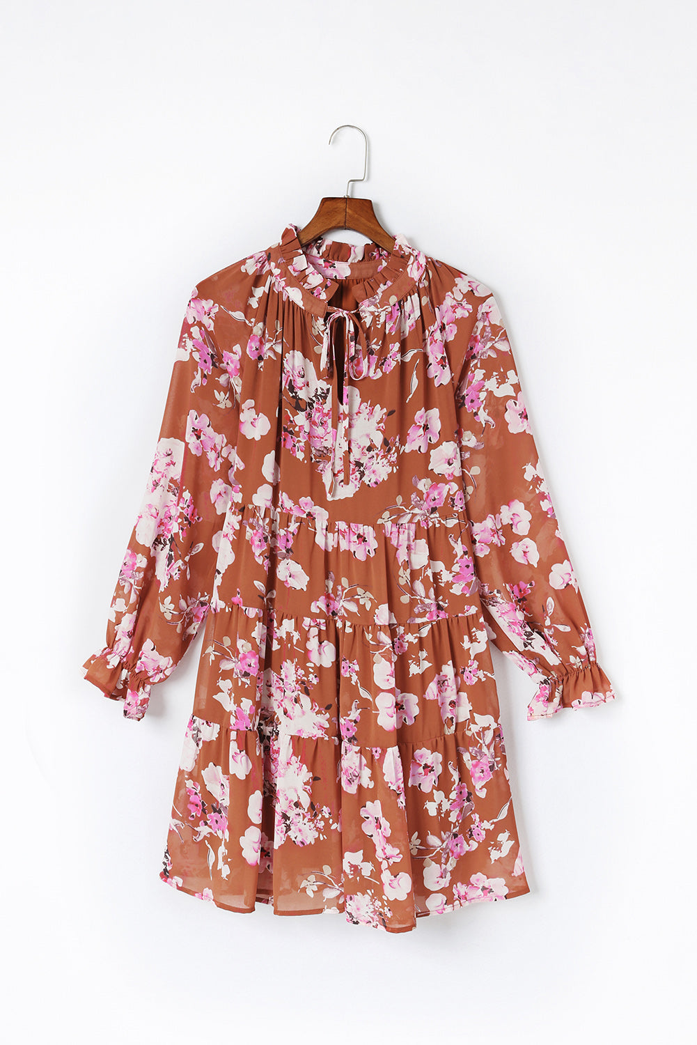 Brown Floral Print Drawstring V Neck Ruffled Babydoll Mini Dress