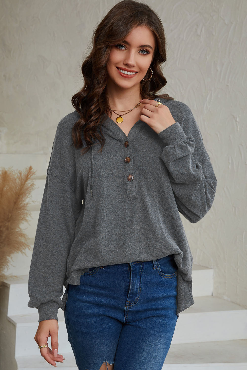 Buttoned High and Low Hem Hoodie