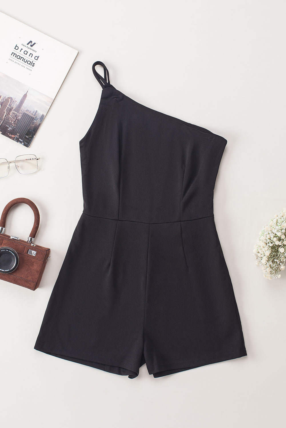 Black Blue One Shoulder Invisible Zip Side Pocketed Romper