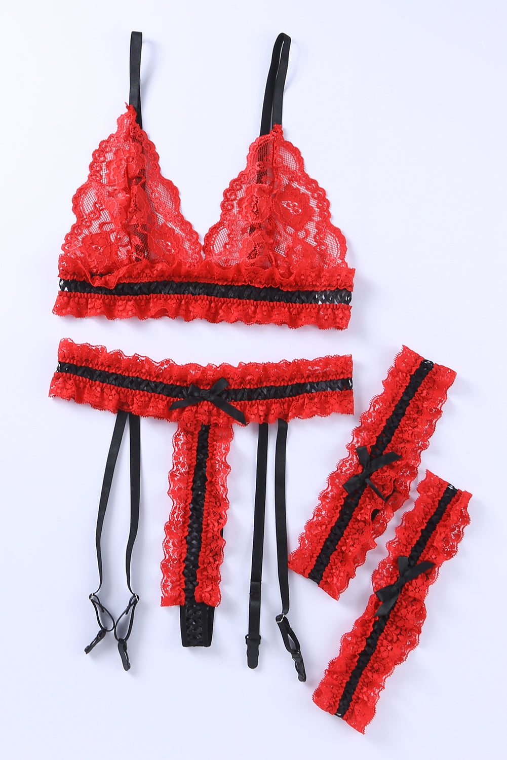 Red Sheer Lace Contrast Black Trim Lingerie Set