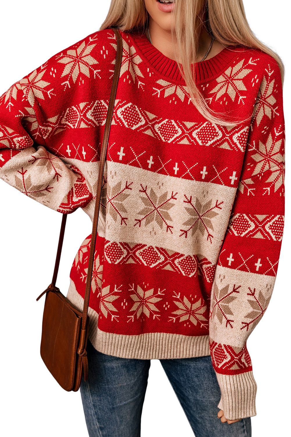 Red Christmas Snowflake Geometric Pattern Sweater